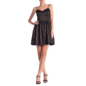 New $199 Love Ady Womens Black Metallic Jacquard V-Neck Fit & Flare Dress Size M